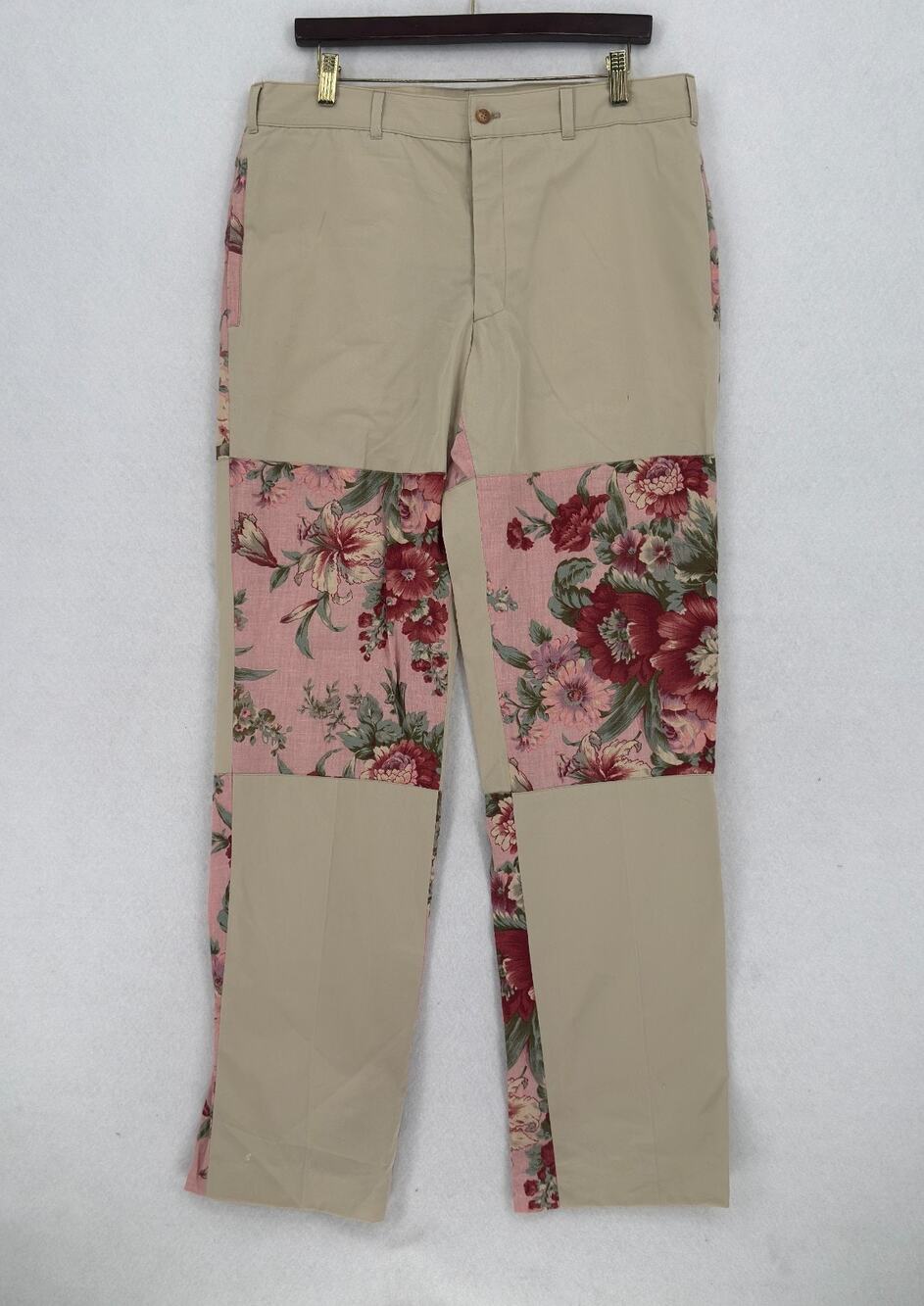Etro Mens Khaki Pink Floral Patchwork Cotton Linen Straight Leg Pants Sz IT 50
